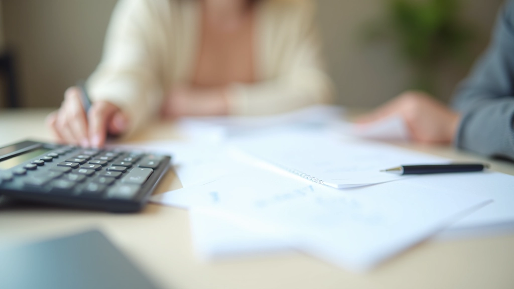 Kalkulačka s dokumenty o výpočtu mateřské dávky, tužka a poznámkový blok, desk s finančními podklady