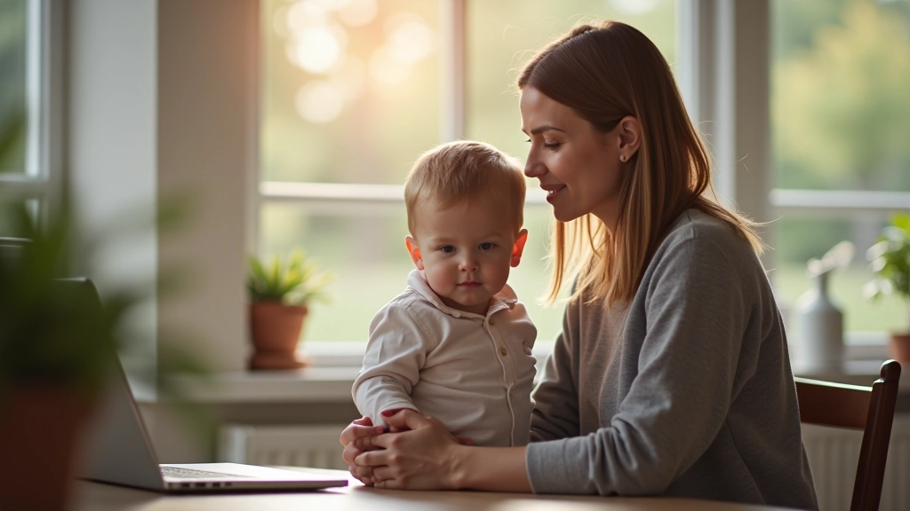 Žena s novorozencem, studie finančního plánování mateřské dávky, domácí kancelář s dokumenty