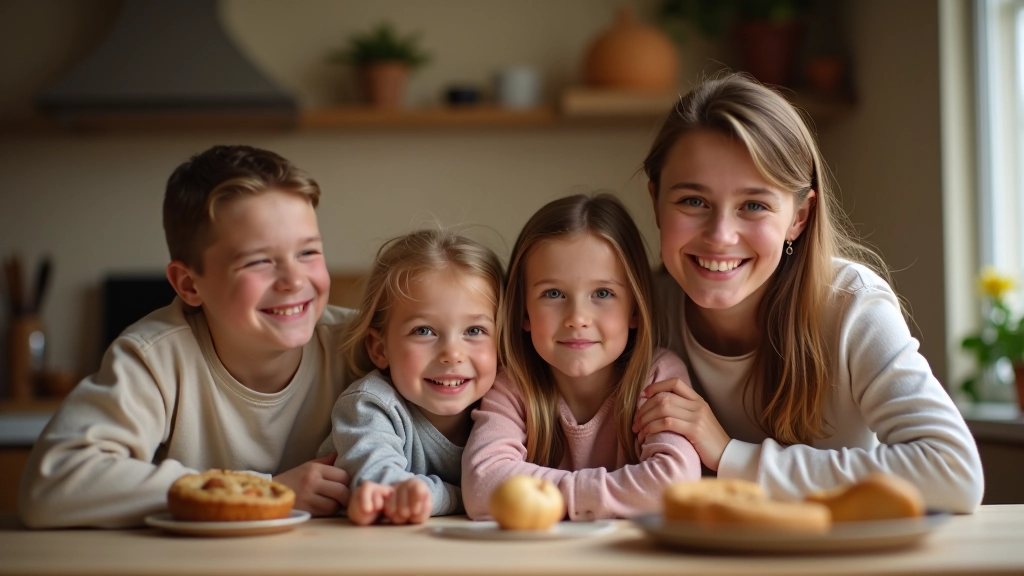 Rodina s dětmi různého věku sedí u stolu a diskutuje o nárocích na sociální dávky