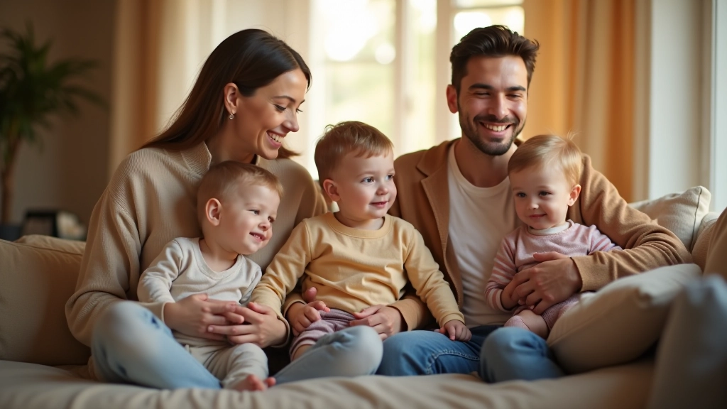 Rodina s malými dětmi v domácím prostředí, teplá domácí atmosféra, denní světlo