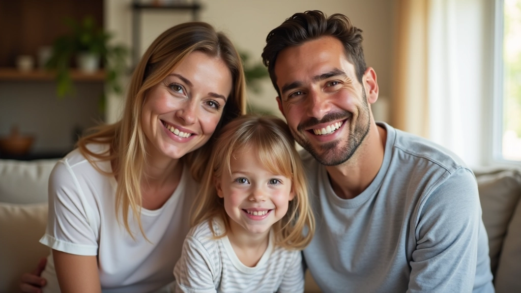 Rodina s dětmi v obývacím pokoji, rodiče se usmívají