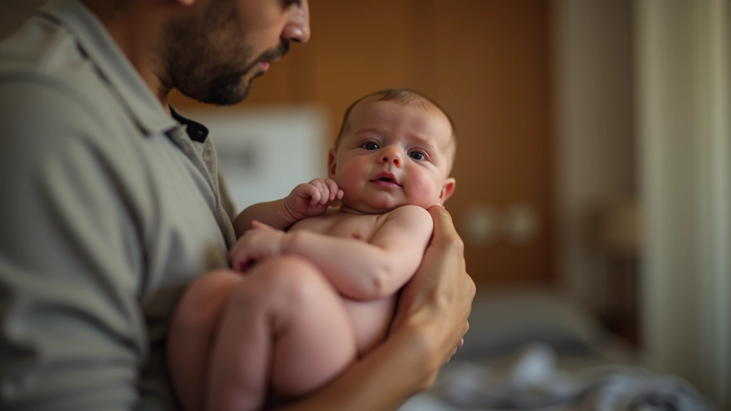 Otec s novorozencem v náruči, měkké přirozené osvětlení, intimní moment