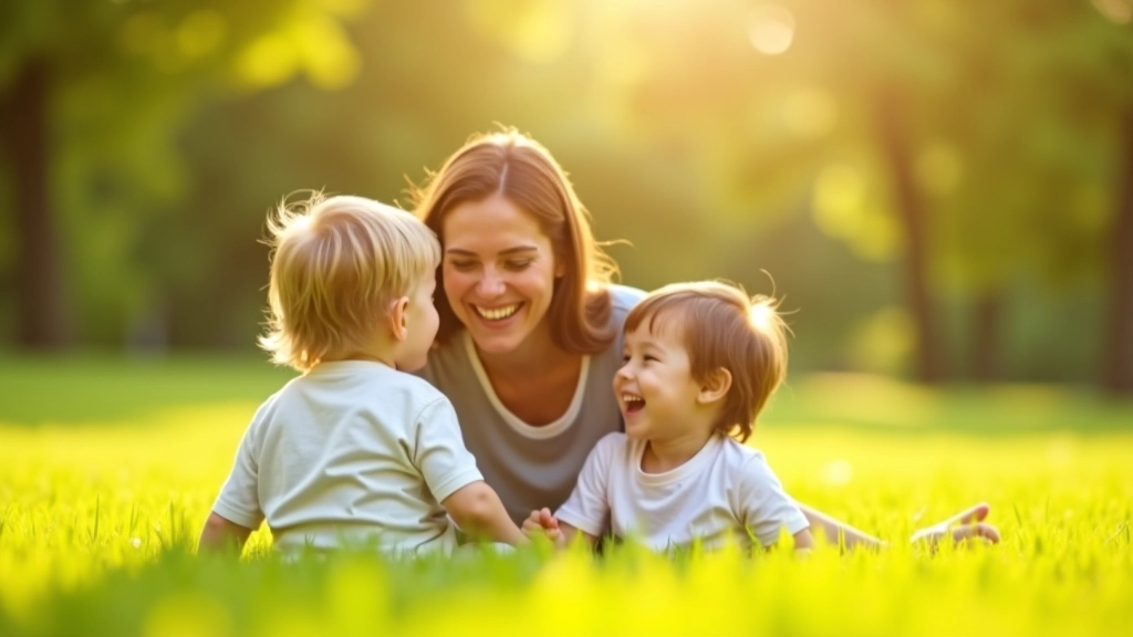 Matka se dvěma malými dětmi na trávě v parku, slunečný den, radostný moment