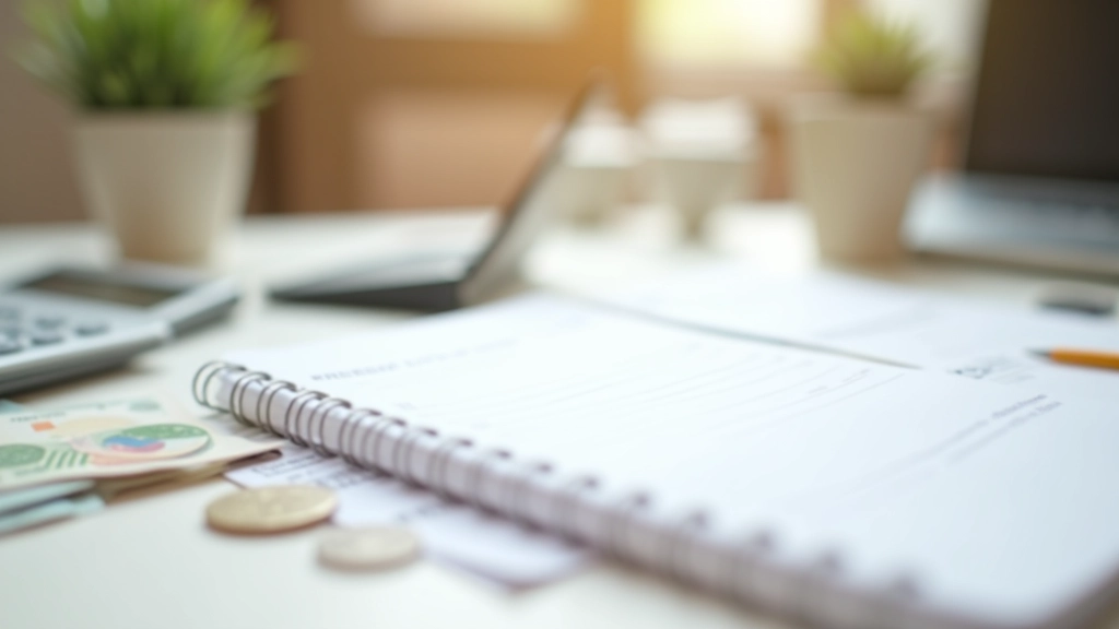 Sešit s finančními výpisy a kalkulačkou, peníze na stole, rozpočetní plánování