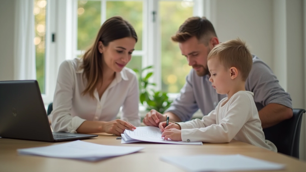 Rodič pracující na daňovém přiznání s dokumenty a kalkulačkou