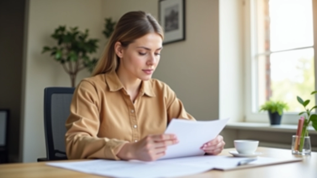 Žena čte dokumenty o sociálních dávkách, pracovní stůl s kalkulačkou a papíry, přirozené osvětlení z okna
