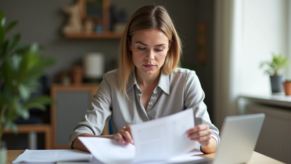 Žena si kontroluje dokumenty, výplatní pásku a rozhodnutí o mateřské, soustředěný výraz